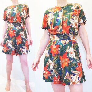 80s Fritzi California Womens Vintage Hawaiian Floral Print Romper Playsuit